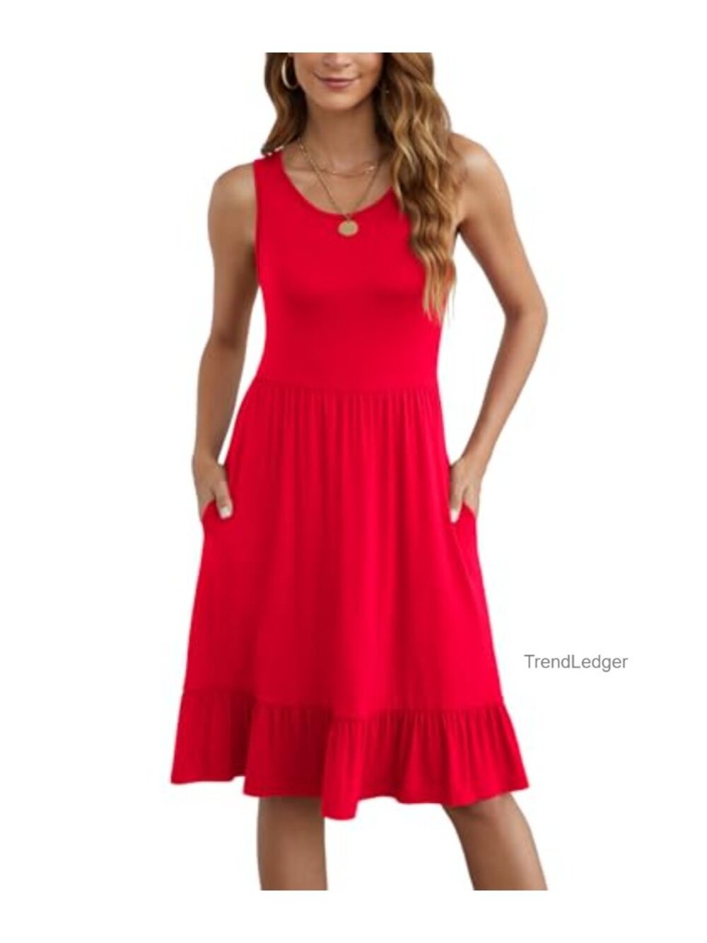 Women's Sleeveless Pleated Ruffle Hem Knee Length Sundress with Pockets